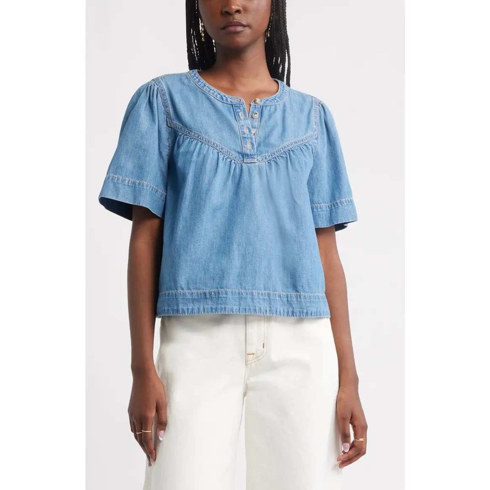 NWT Treasure & Bond Womens Shirred Short Sleeve Chambray Top Size XS